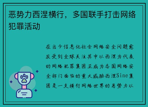恶势力西涅横行，多国联手打击网络犯罪活动