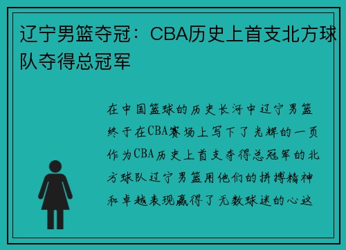 辽宁男篮夺冠：CBA历史上首支北方球队夺得总冠军