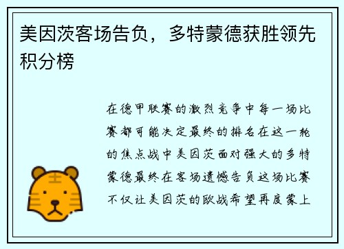 美因茨客场告负，多特蒙德获胜领先积分榜